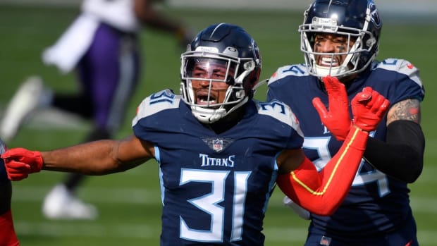 Tennessee Titans safety Kevin Byard (31) celebrates a tackle that resulted in a Ravens fourth down during the Tennessee Titans game against the Baltimore Ravens in Nashville on January 10, 2021.